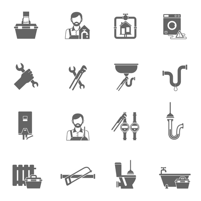 Plumber and pipeline supply handyman icons black set isolated vector illustration