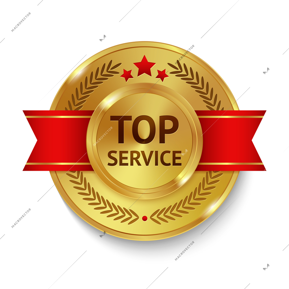 Gold metal top service badge with red ribbon and decoration vector illustration