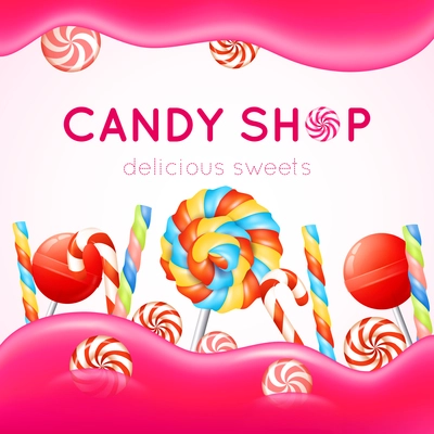 Candy shop poster with multicolored candies on white and pink background vector illustration