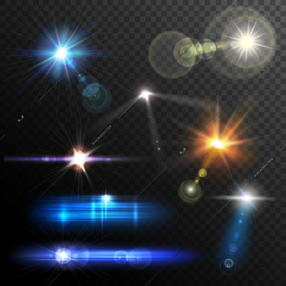 Realistic lens flares beams and flashes on transparent background vector illustration