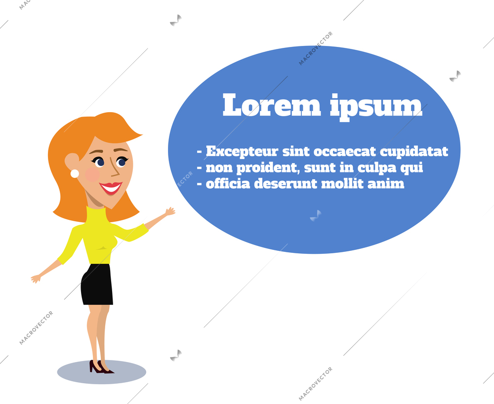 Business woman character making public presentation speech with talk bubble concept isolated vector illustration