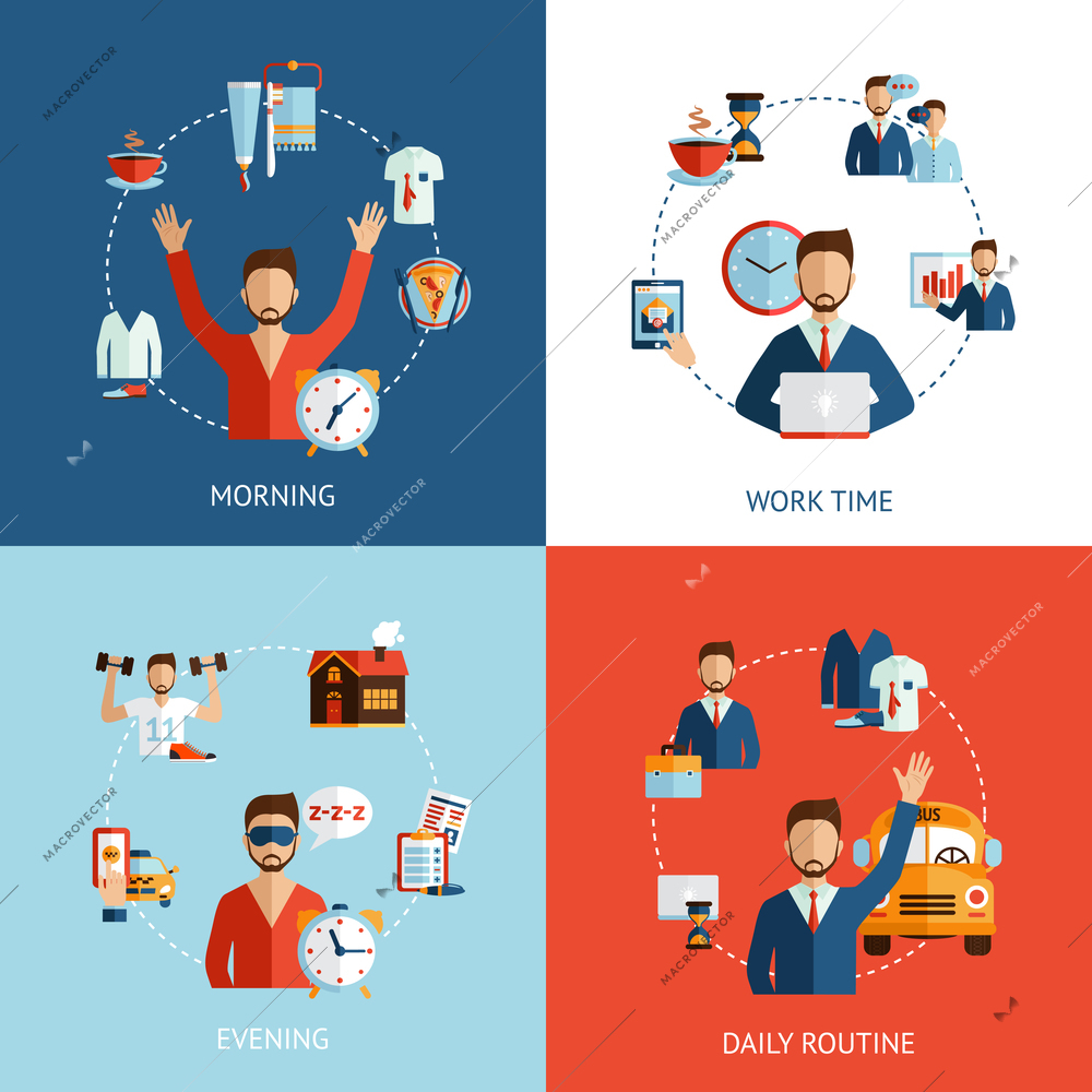 Businessman daily routine 4 flat icons composition of morning working hours and evening abstract isolated vector illustration