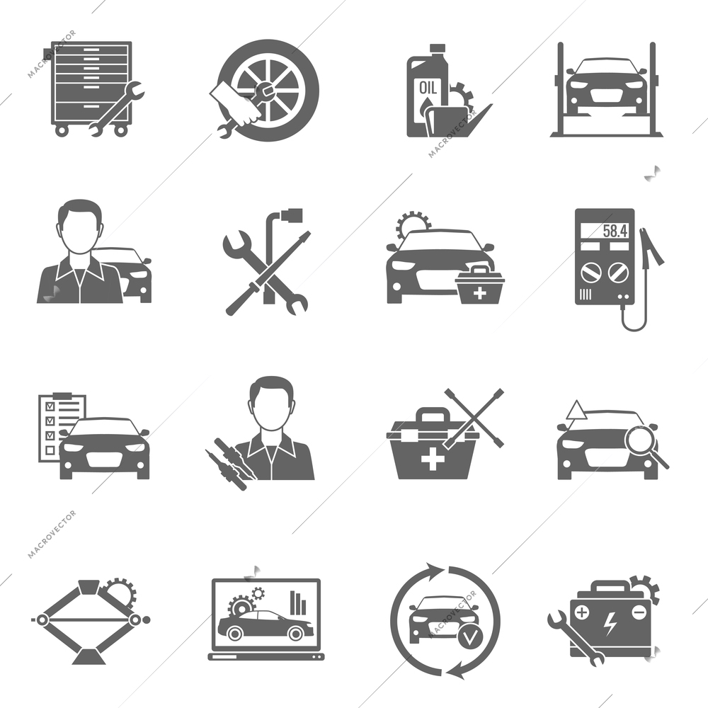 Auto mechanic and car technician work black icons set isolated vector illustration