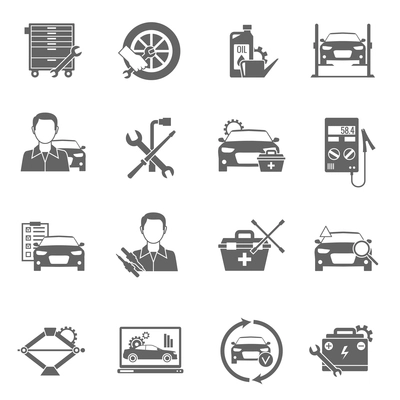 Auto mechanic and car technician work black icons set isolated vector illustration