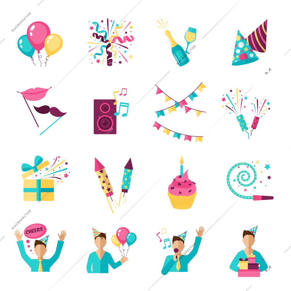 Party icons set with champagne gifts fireworks balloons isolated vector illustration