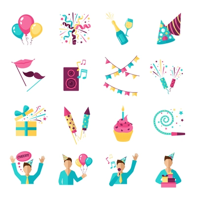 Party icons set with champagne gifts fireworks balloons isolated vector illustration