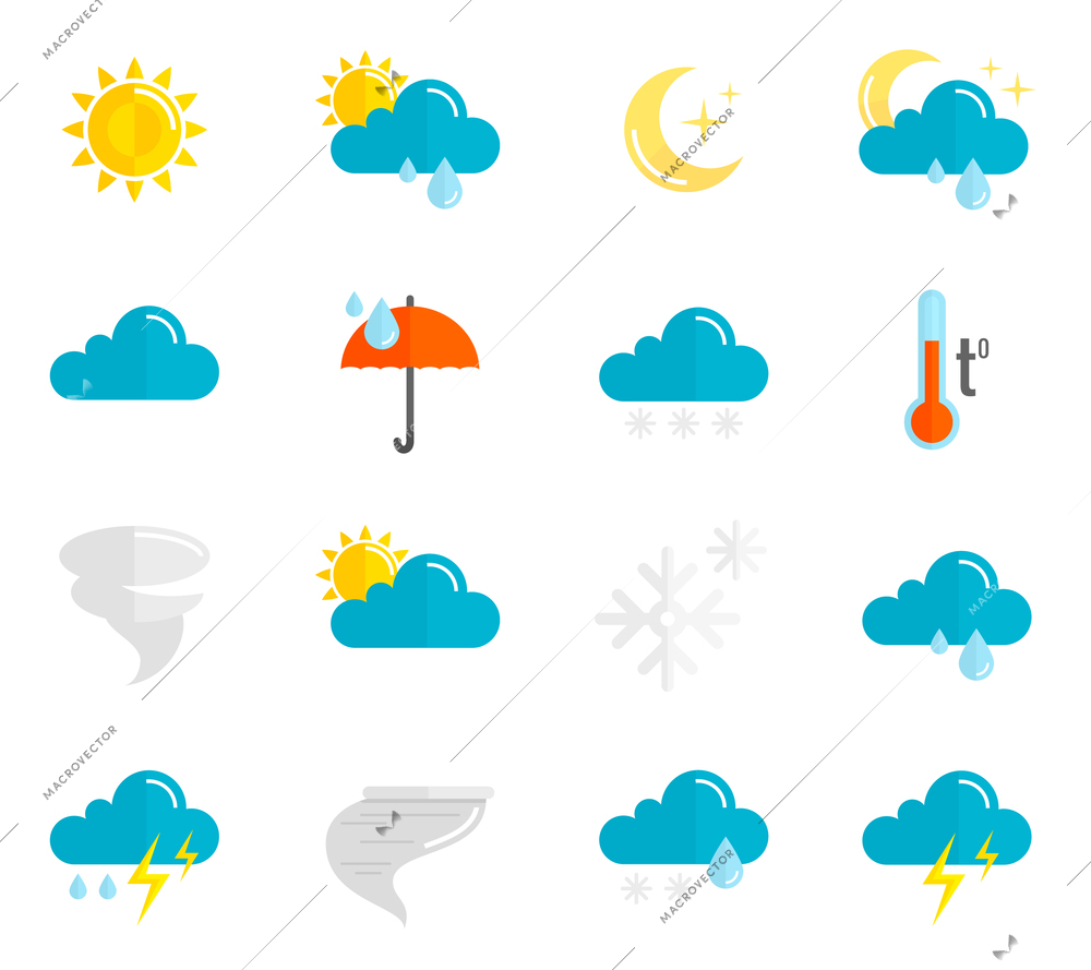 Weather forecast and meteorology symbols icons flat set isolated vector illustration