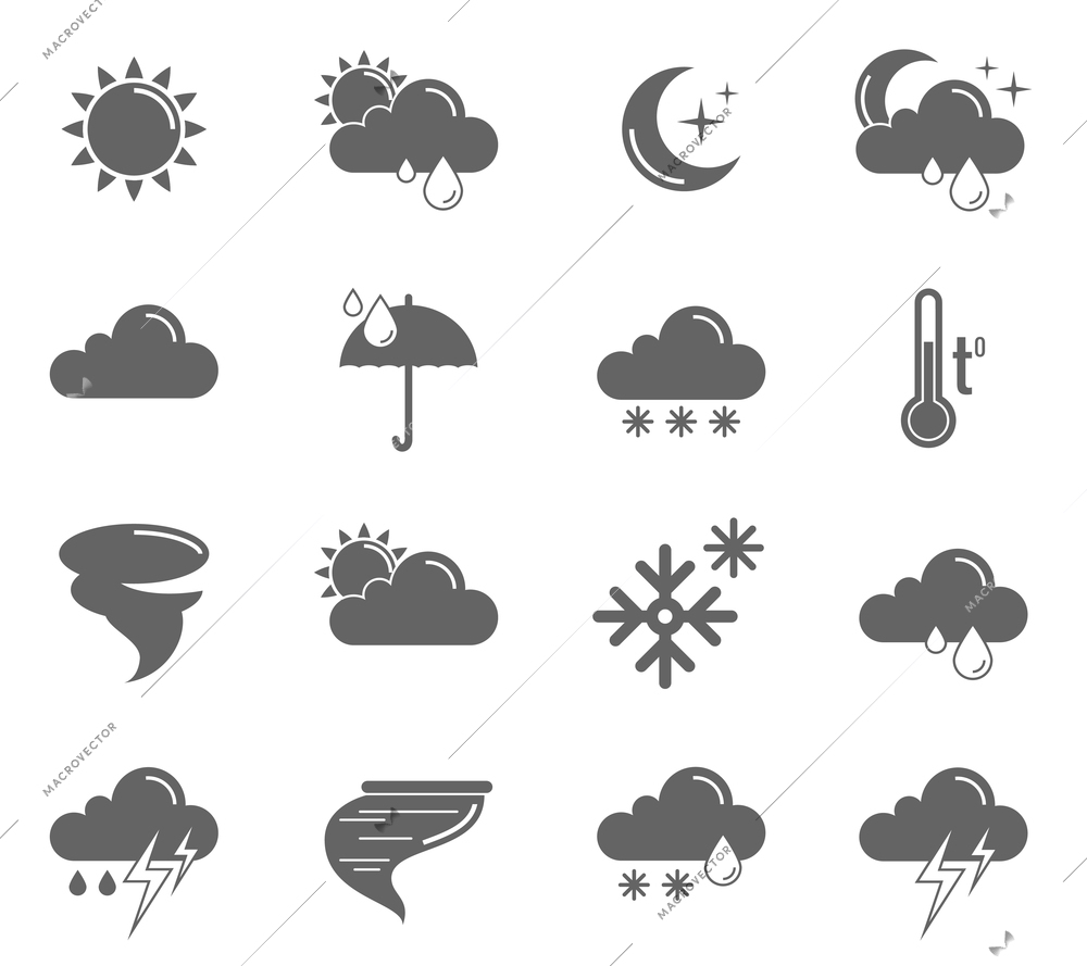 Weather meteorology and climate symbols black icons set isolated vector illustration