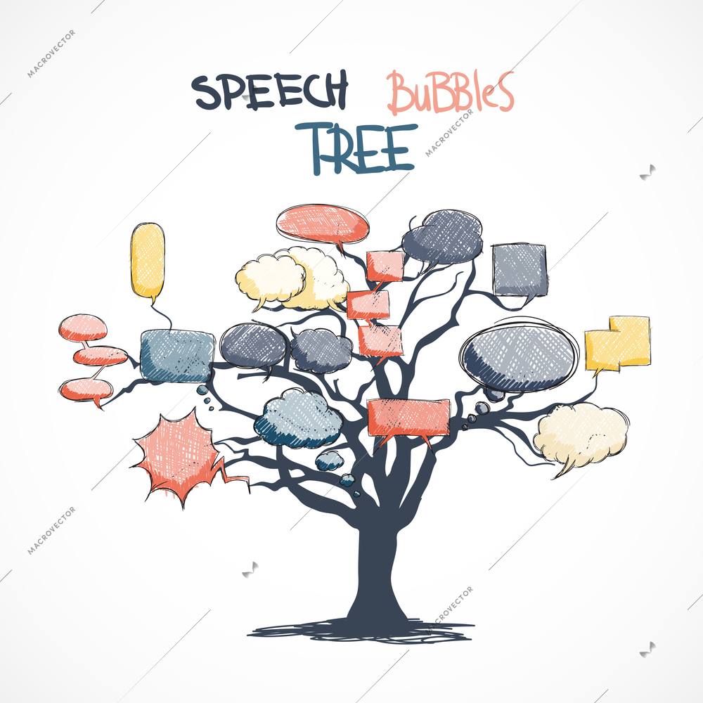 Doodle comic talk bubbles growing on tree isolated vector illustration