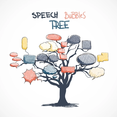 Doodle comic talk bubbles growing on tree isolated vector illustration