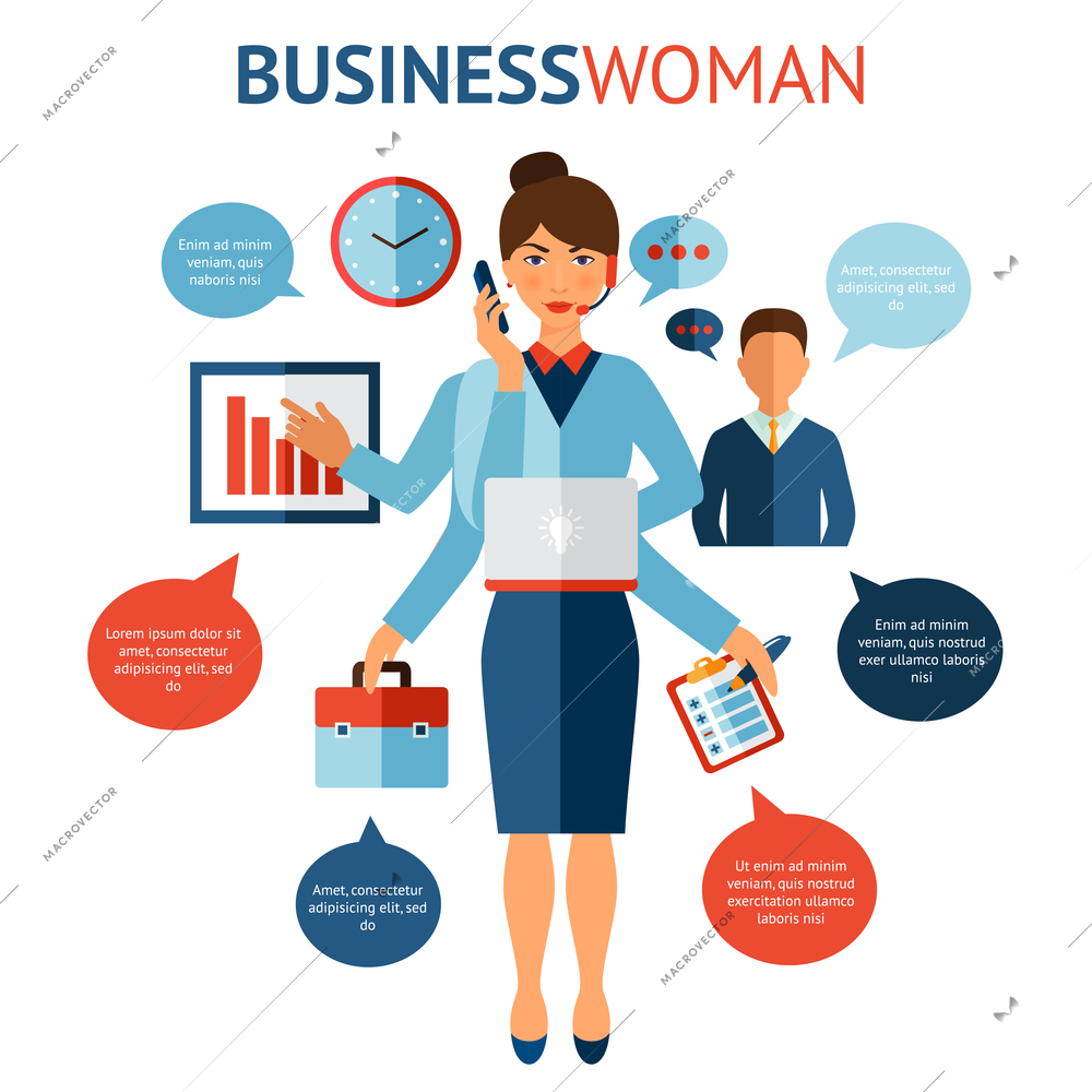 Businesswoman with many hands multitasking design concept flat vector illustration