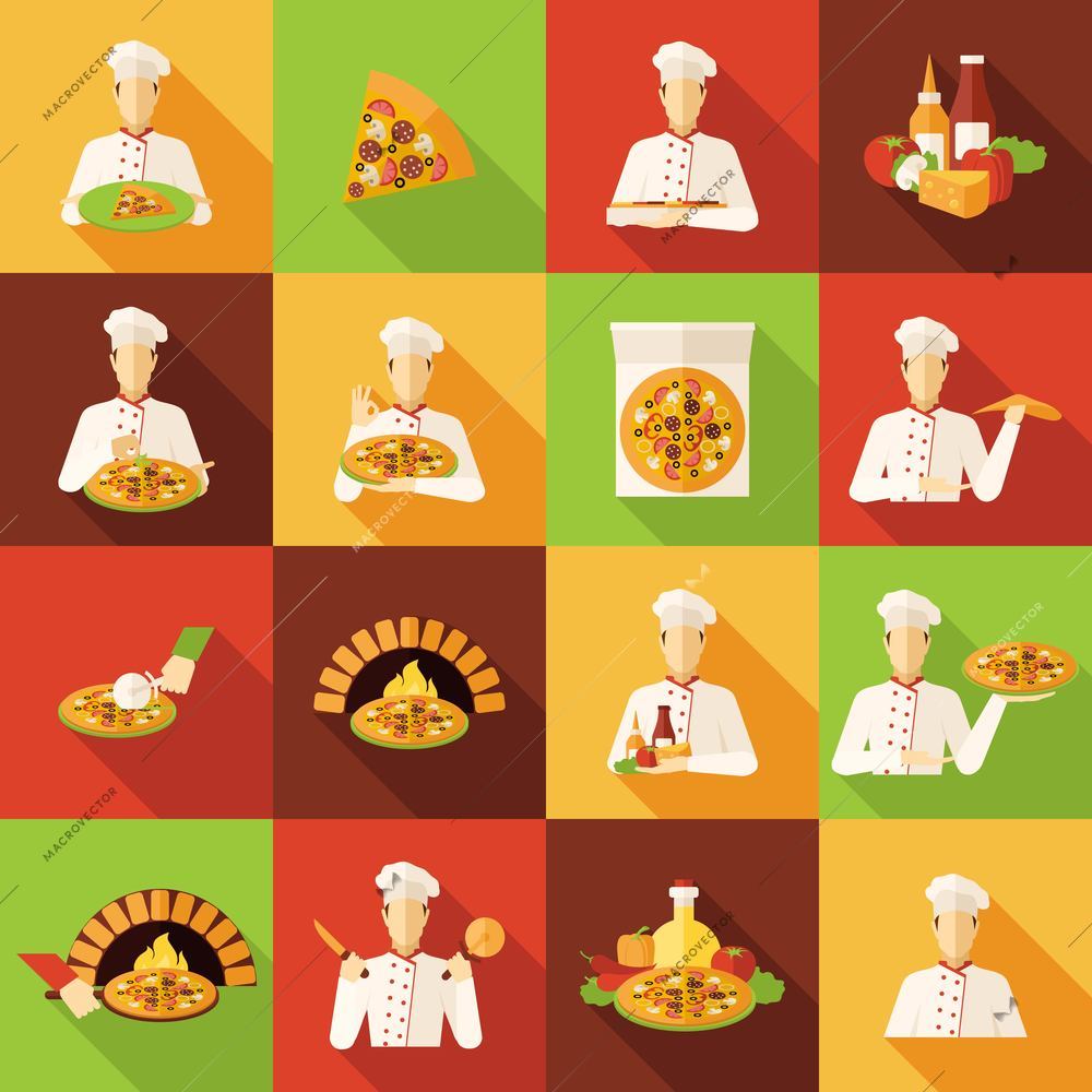 Pizza makers food and kitchen on colour background long shadows flat icons set isolated vector illustration