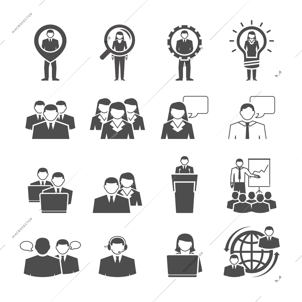 Business management team individuals gender composition for effective global cooperation black icons set abstract isolated vector illustration