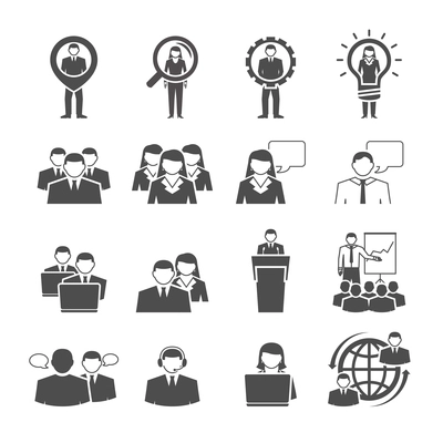 Business management team individuals gender composition for effective global cooperation black icons set abstract isolated vector illustration