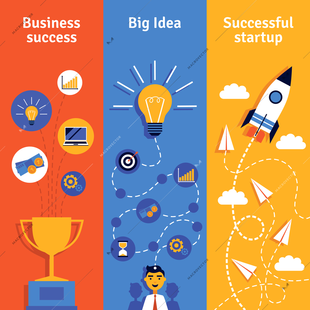 Business concept with idea startup and success vertical banners flat isolated vector illustration