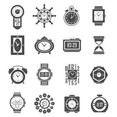 Digital and analog clock and sand watch black icons set isolated vector illustration