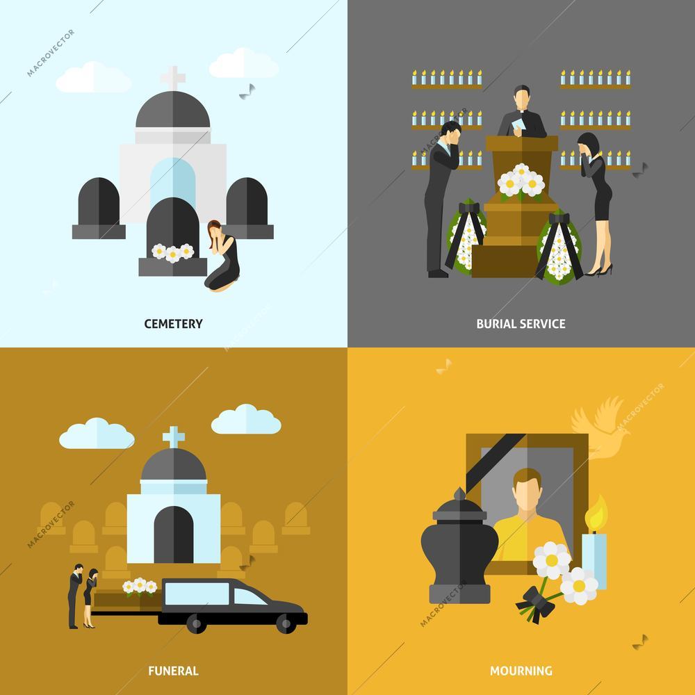 Funeral design concept set with cemetery and mourning flat icons isolated vector illustration