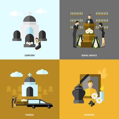 Funeral design concept set with cemetery and mourning flat icons isolated vector illustration