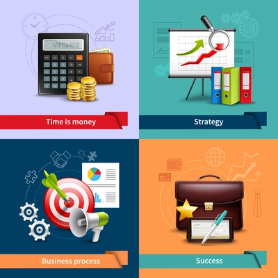 Business design concept set with money strategy success realistic icons isolated vector illustration