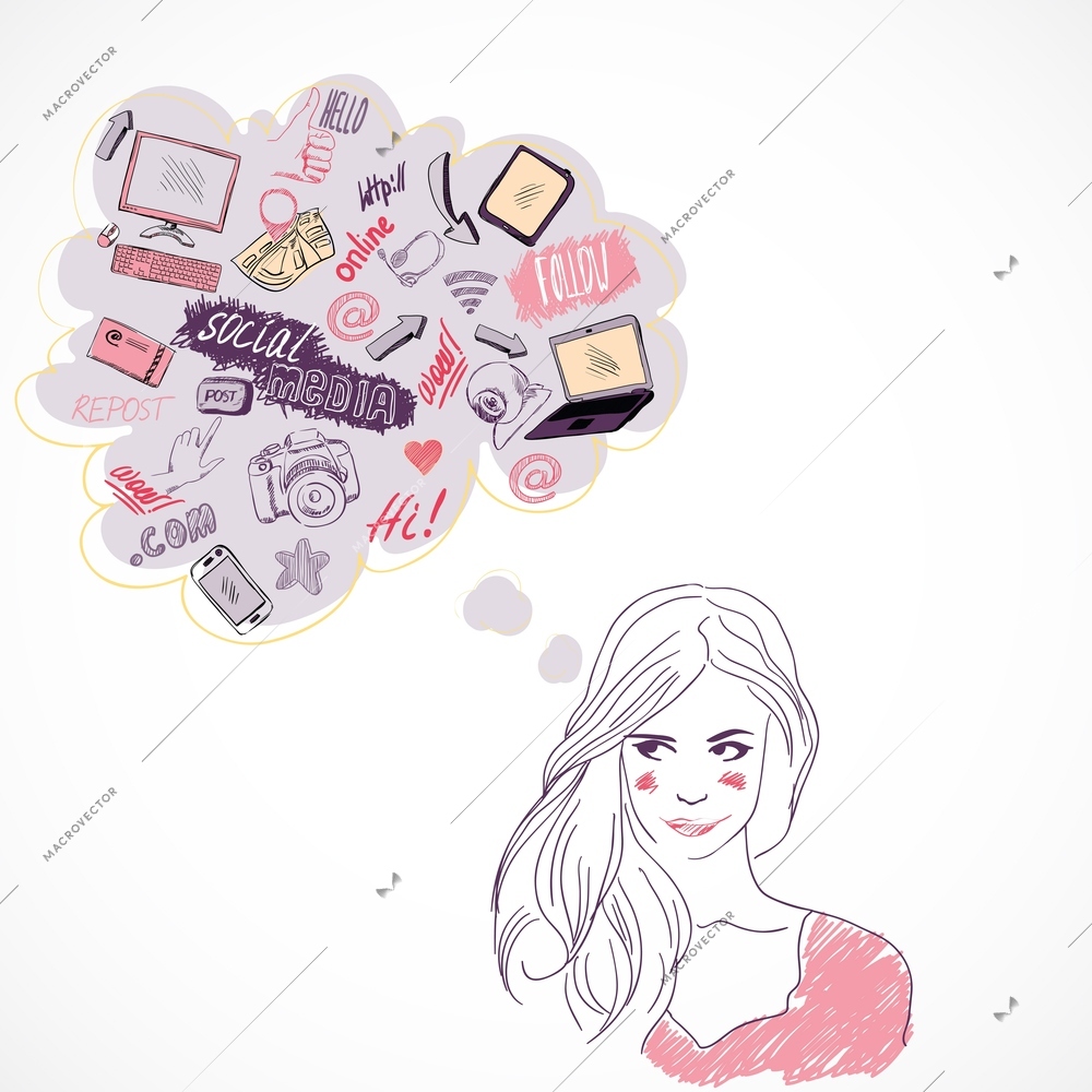 Girl dreaming thinking about social media technology communication isolated vector illustration