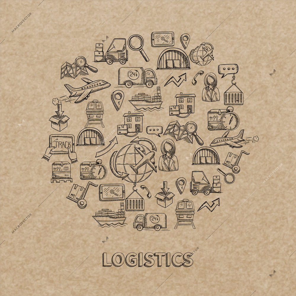 Logistic concept with sketch delivery and shipping decorative icons on paper background vector illustration