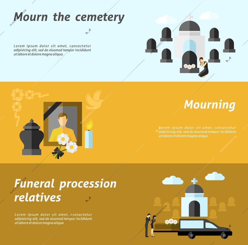 Funeral horizontal banner set with flat cemetery and mourning elements isolated vector illustration