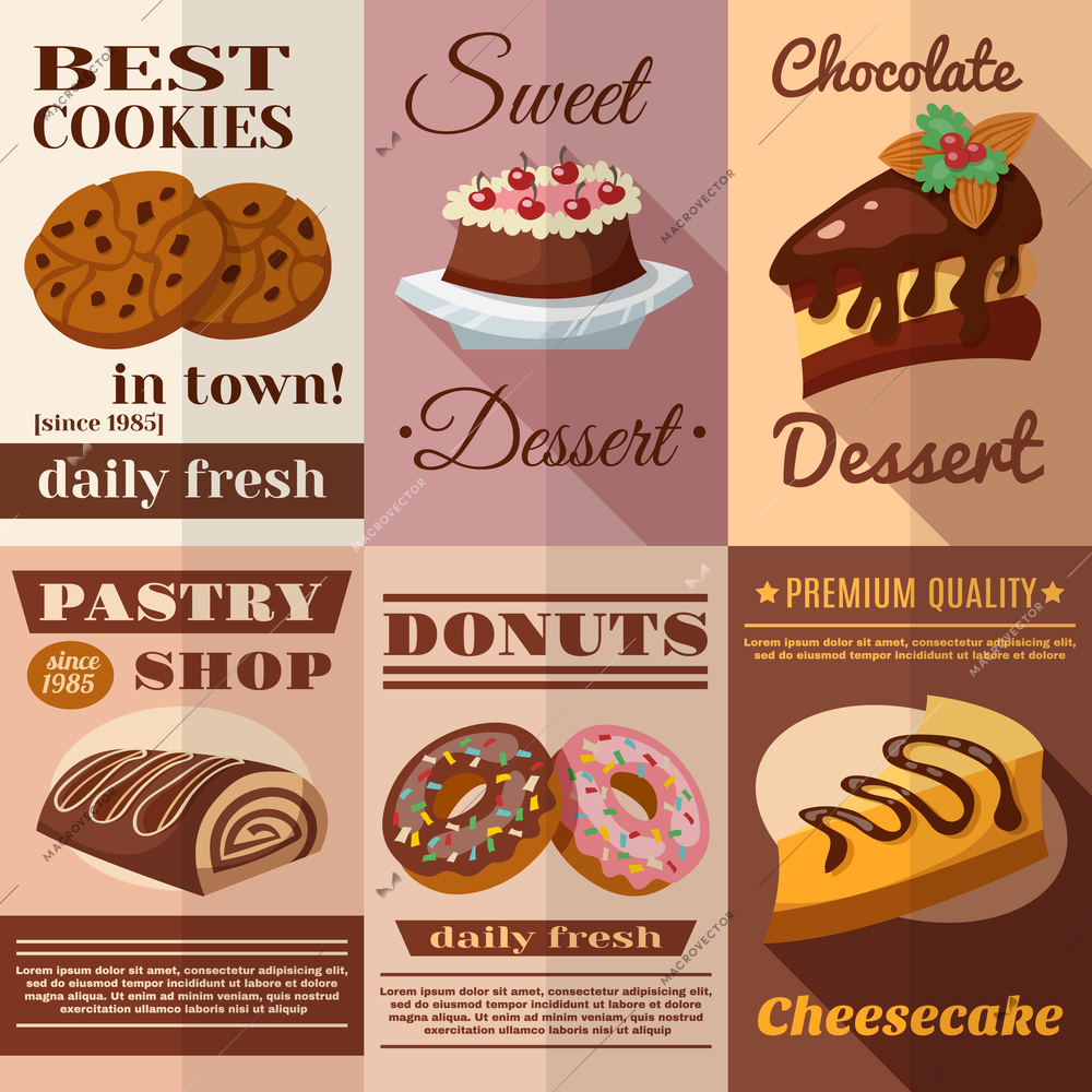 Pastry and bakery desserts mini poster set isolated vector illustration