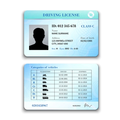 Realistic international plastic driver licence back and front template isolated vector illustration