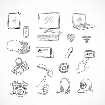 Doodle social media icons set of network communications for blog isolated vector illustration