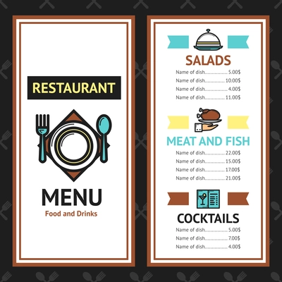 Restaurant menu template with salads meat fish dishes and cocktails vector illustration