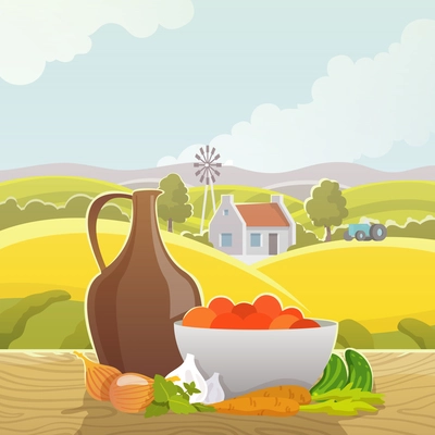 Rural country autumn landscape design picture of fields hills and mountains with harvested vegetables abstract vector illustration