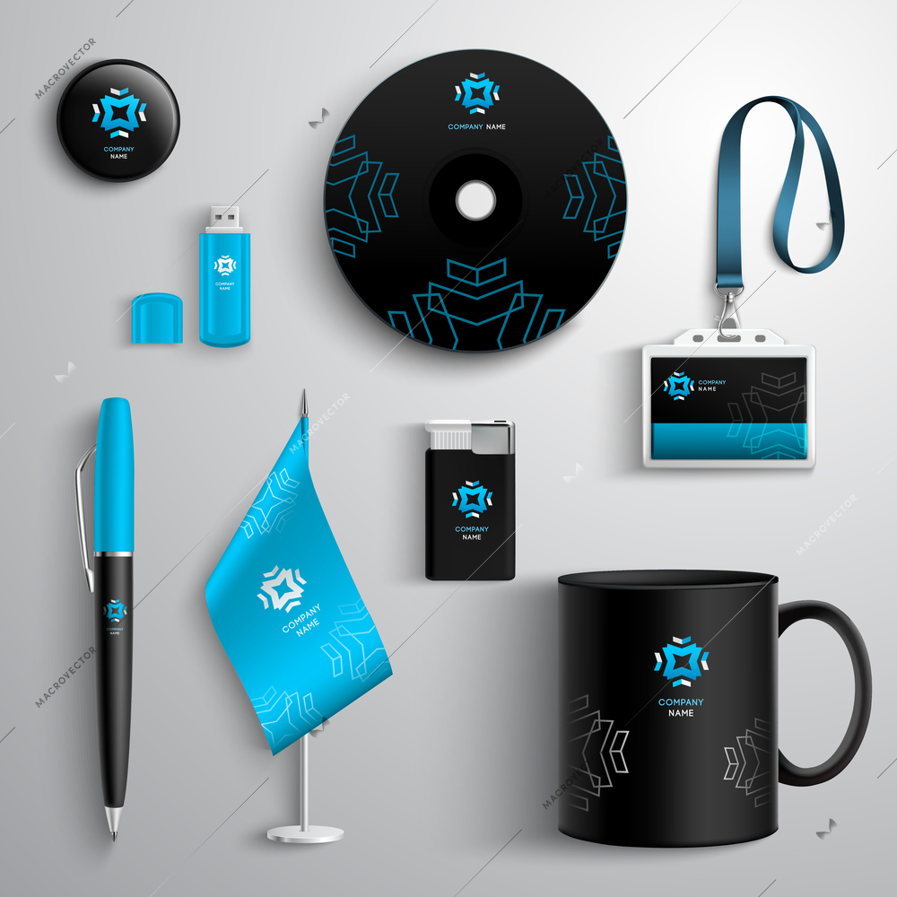 Corporate identity blue and black design set with cup pen cd and id card isolated vector illustration