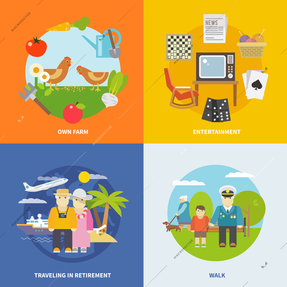 Pensioners life design concept set with retirement  entertainment and travel flat icons isolated vector illustration