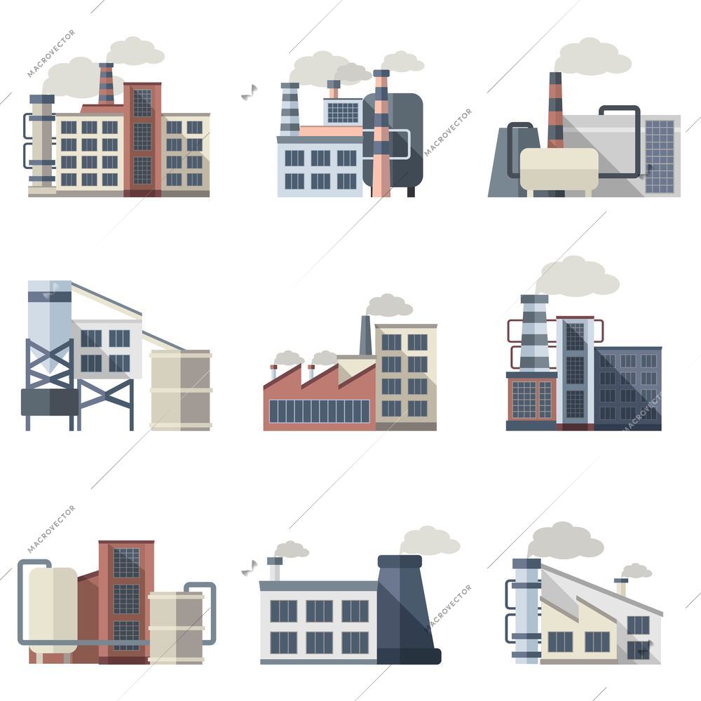 Industrial building plants and factories flat icons set isolated vector illustration