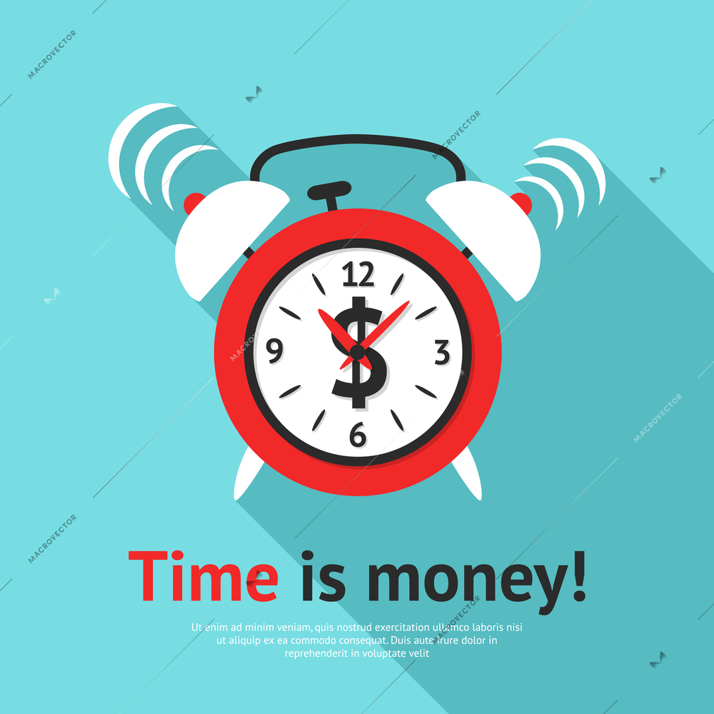 Retro alarm clock business poster with time is money text flat vector illustration