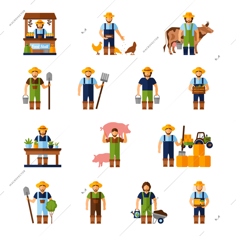 Farmers and gardeners flat agriculture icons set isolated vector illustration