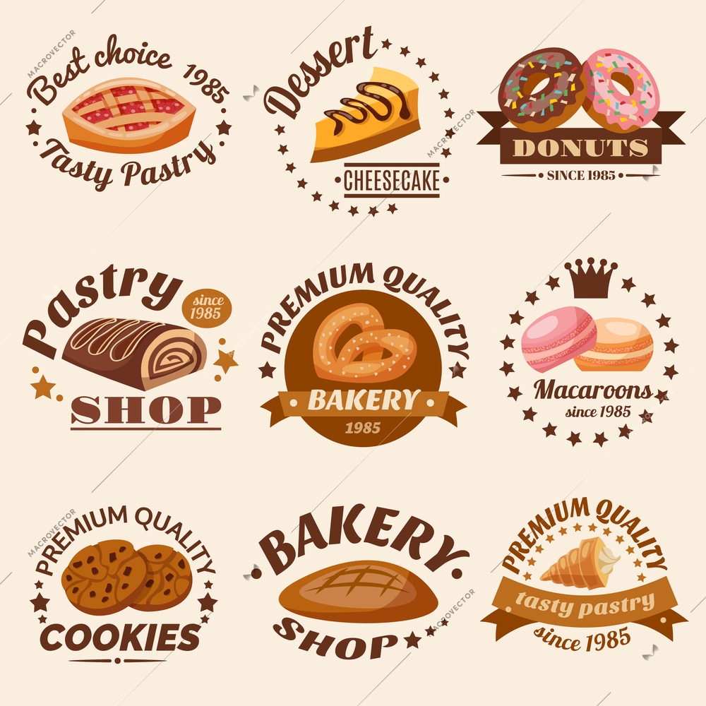 Pastry desserts emblems set with donuts macaroons and cookies isolated vector illustration