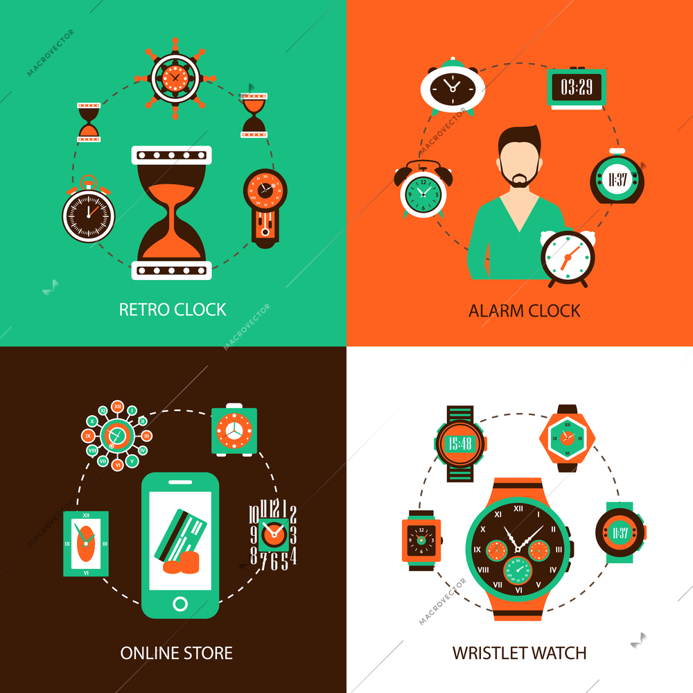 Clock design concept set with retro alarm wristlet watch online store flat icons isolated vector illustration
