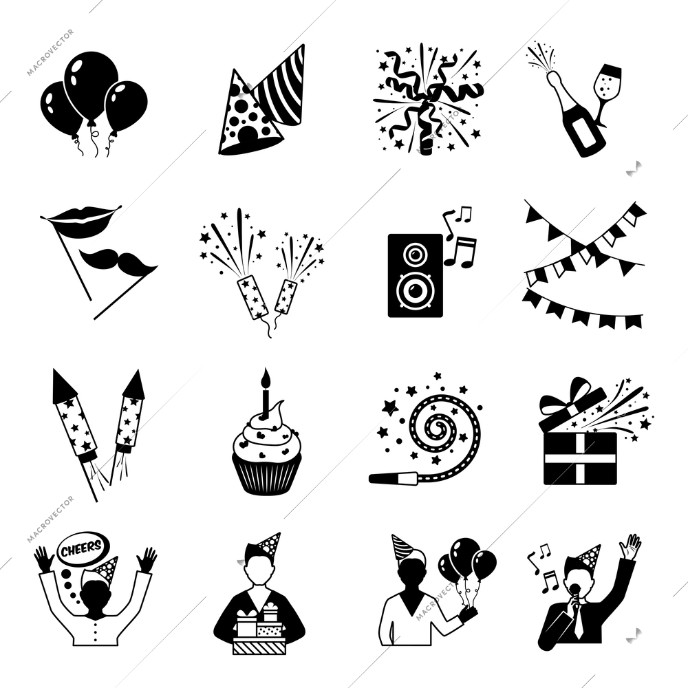 Party icons black and white set with gifts music and drinks isolated vector illustration