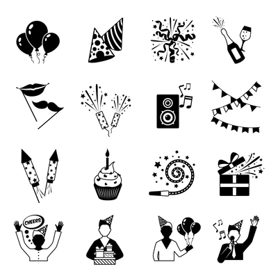 Party icons black and white set with gifts music and drinks isolated vector illustration