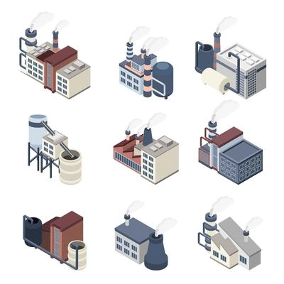 Industrial buldings isometric icons set with 3d plants and factories isolated vector illustration