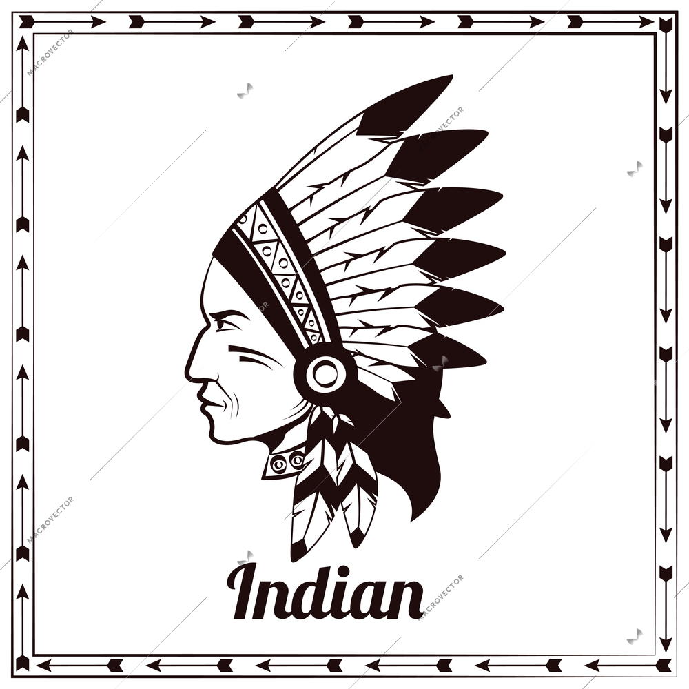 American indian traditional head of clan chieftain ethnic tribe leader pictogram design black sketch abstract vector illustration