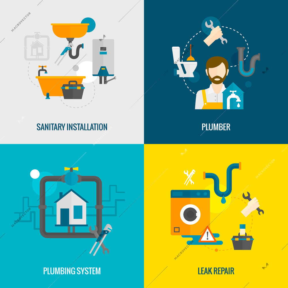 Plumber design concept set with sanitary installation leak repair flat icons isolated vector illustration