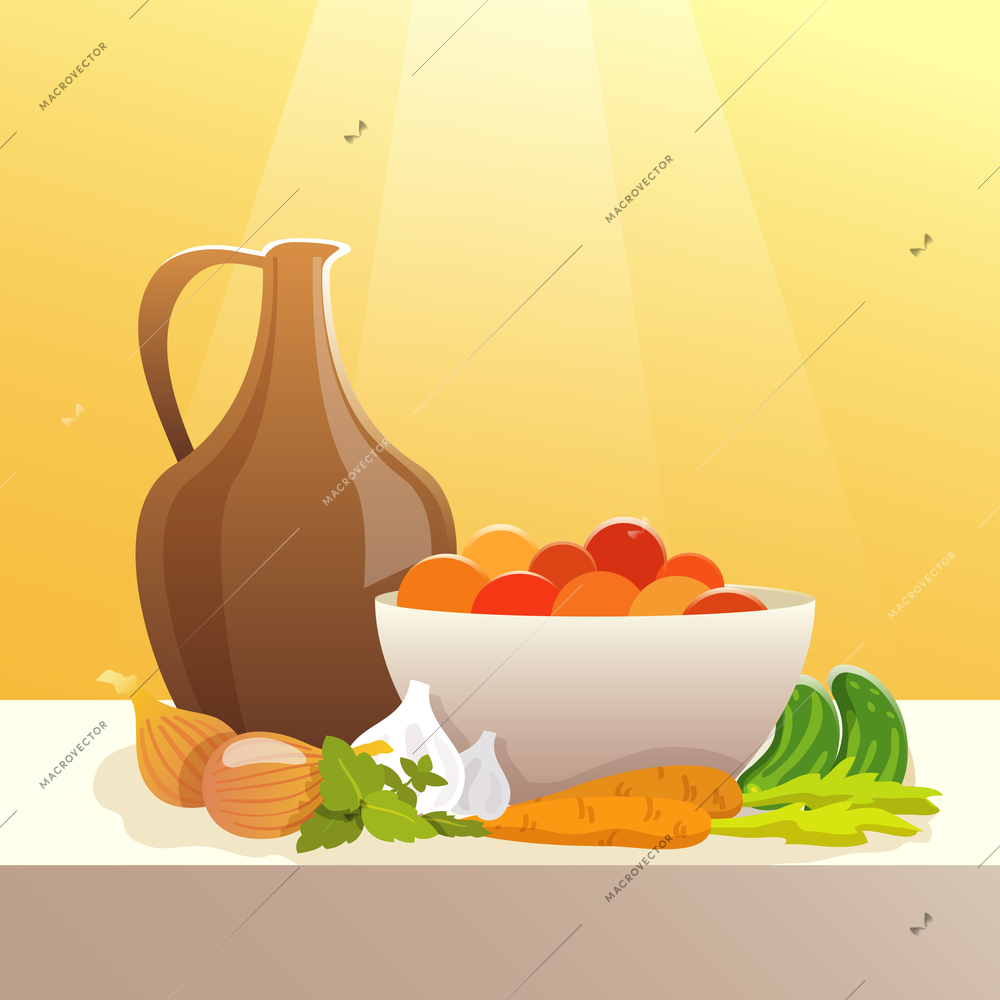 Vegetables and pitcher on table still life flat vector illustration