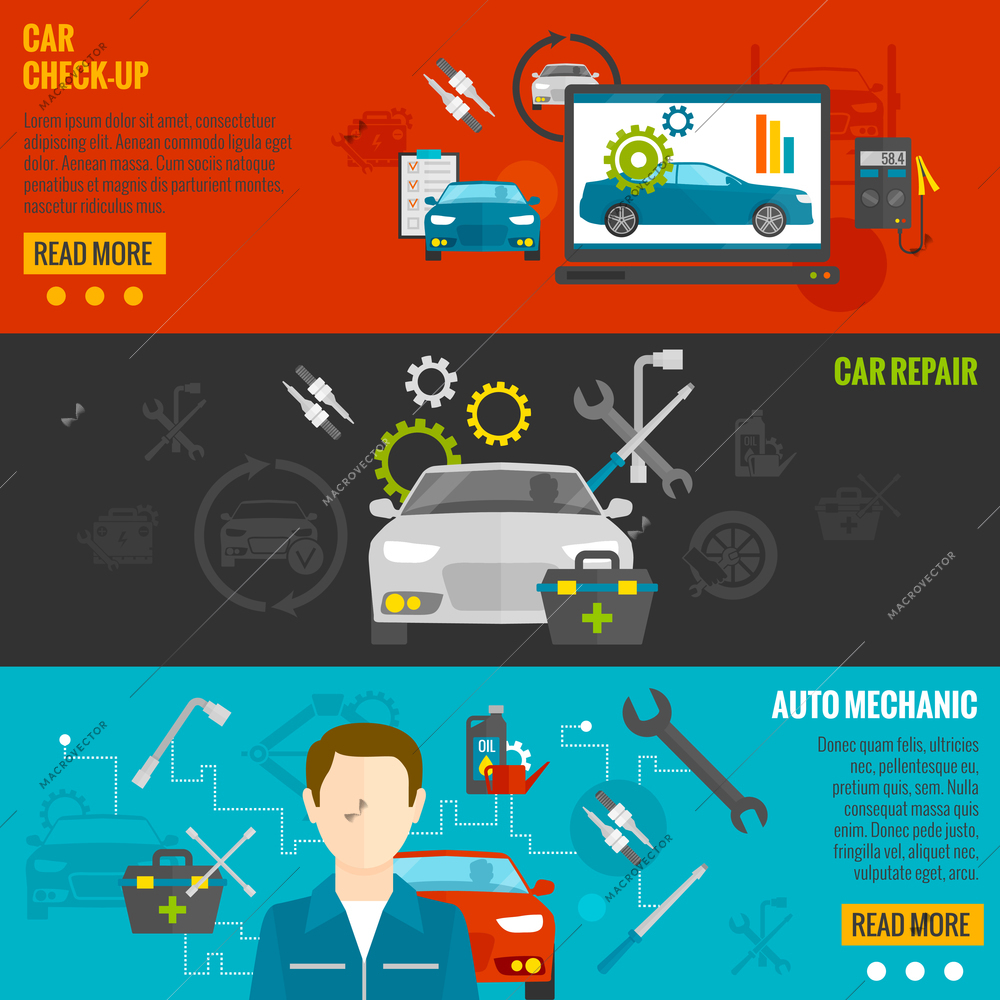 Auto mechanic horizontal banner set with car check-up and repair elements isolated vector illustration