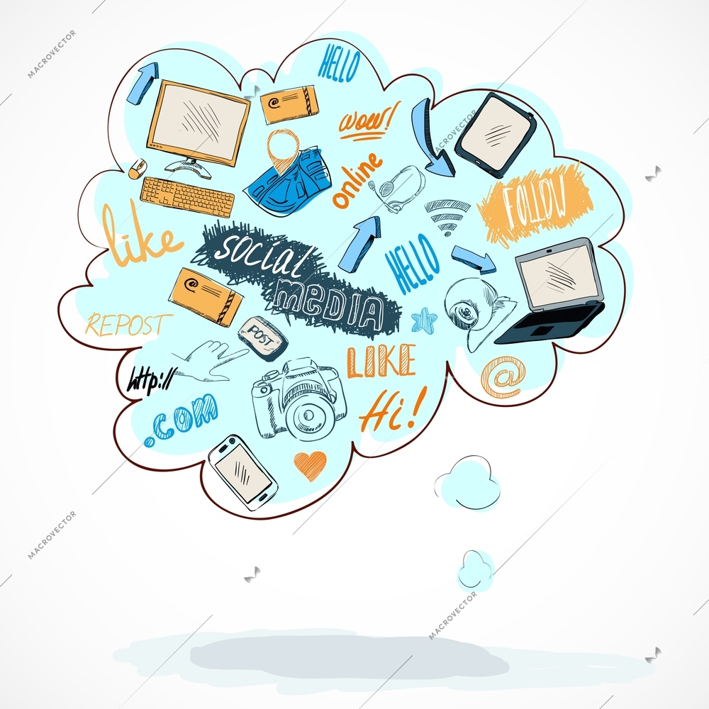 Talking text buble with social media technology icons concept isolated vector illustration