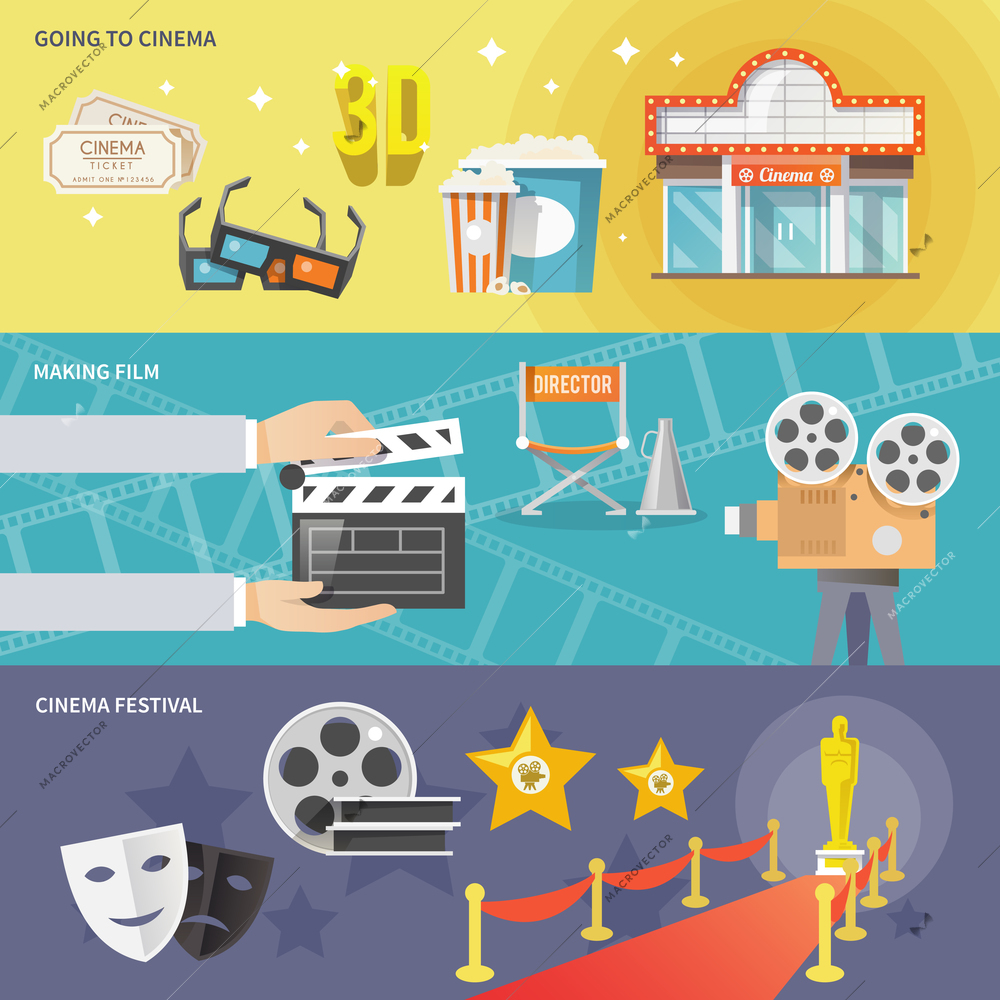 Cinema festival movie theater tickets set and prize winning film production horizontal banners abstract flat vector illustration