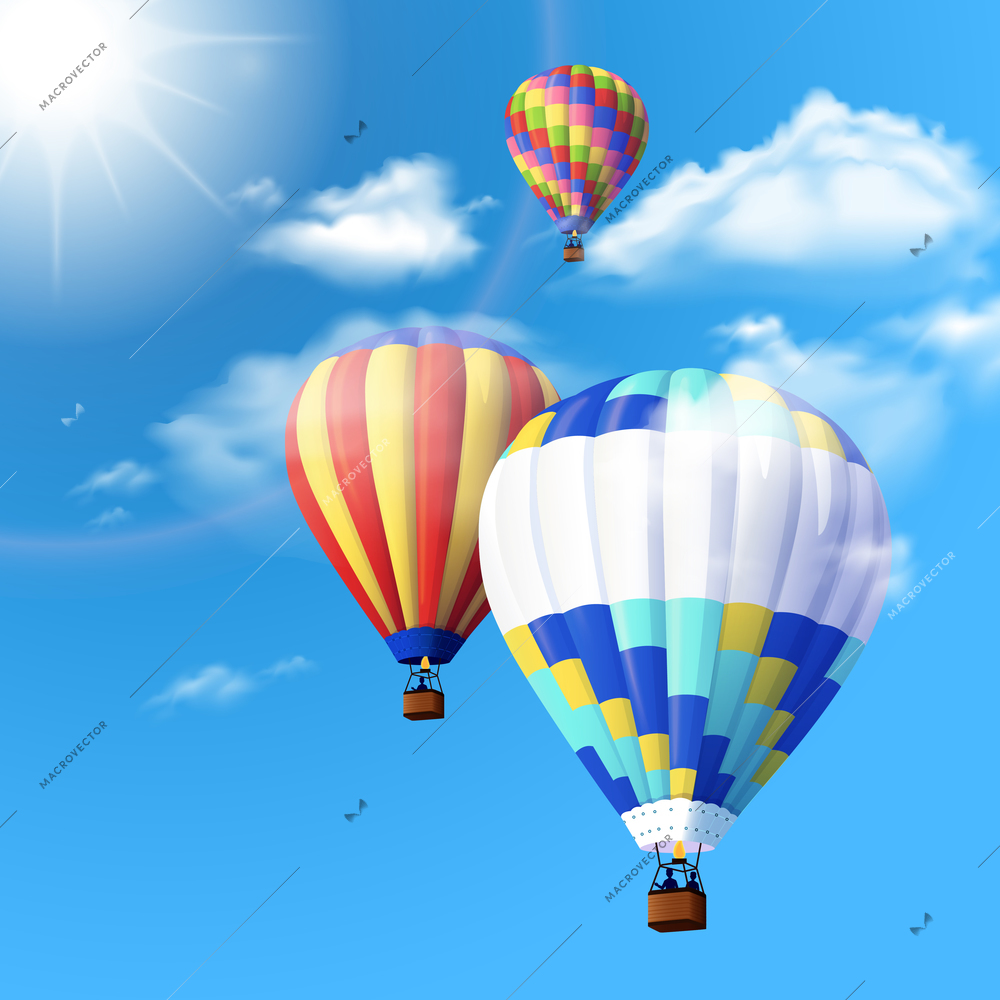 Realistic colorful air balloons flying in blue sky with clouds background vector illustration