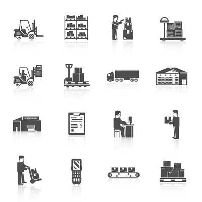 Warehouse black icons set with forklift cart pallet isolated vector illustration