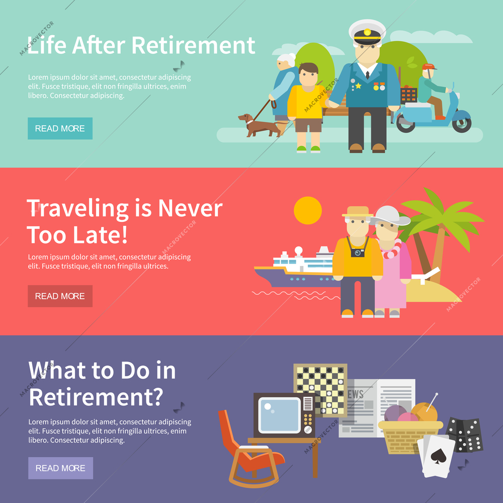 Pensioners life horizontal banner set with retirement enetertainment flat elements isolated vector illustration